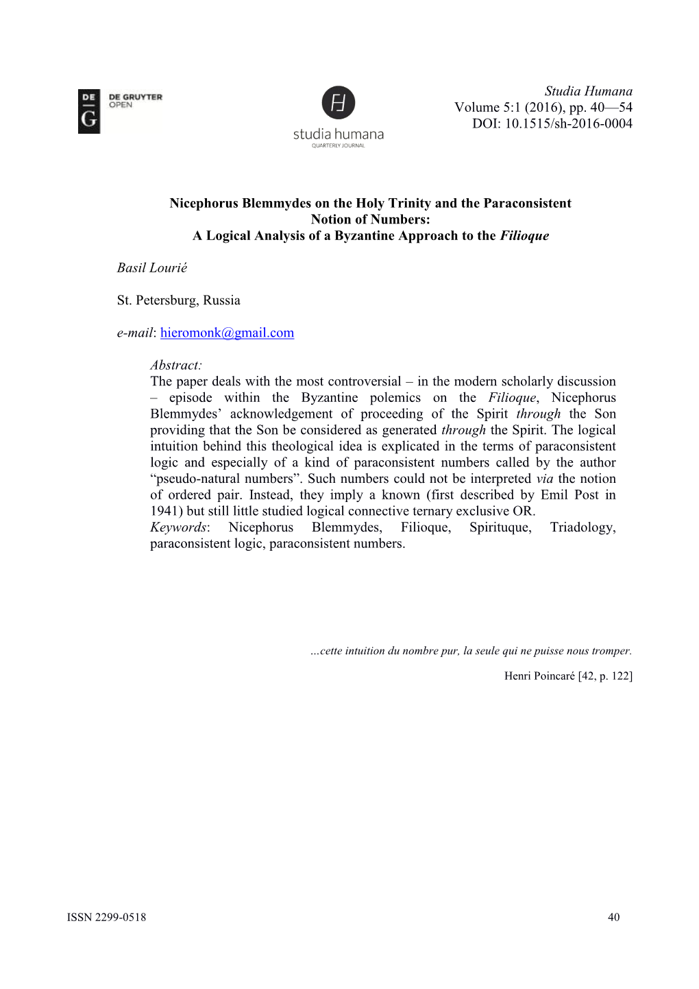 Nicephorus Blemmydes on the Holy Trinity and the Paraconsistent Notion of Numbers: a Logical Analysis of a Byzantine Approach to the Filioque