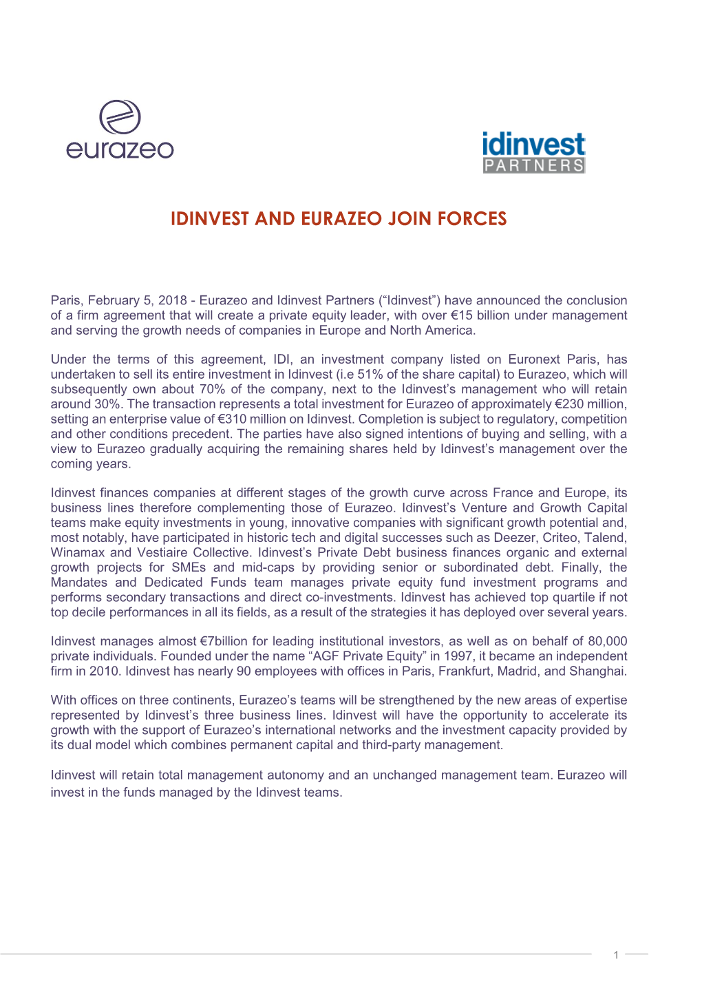 Idinvest and Eurazeo Join Forces