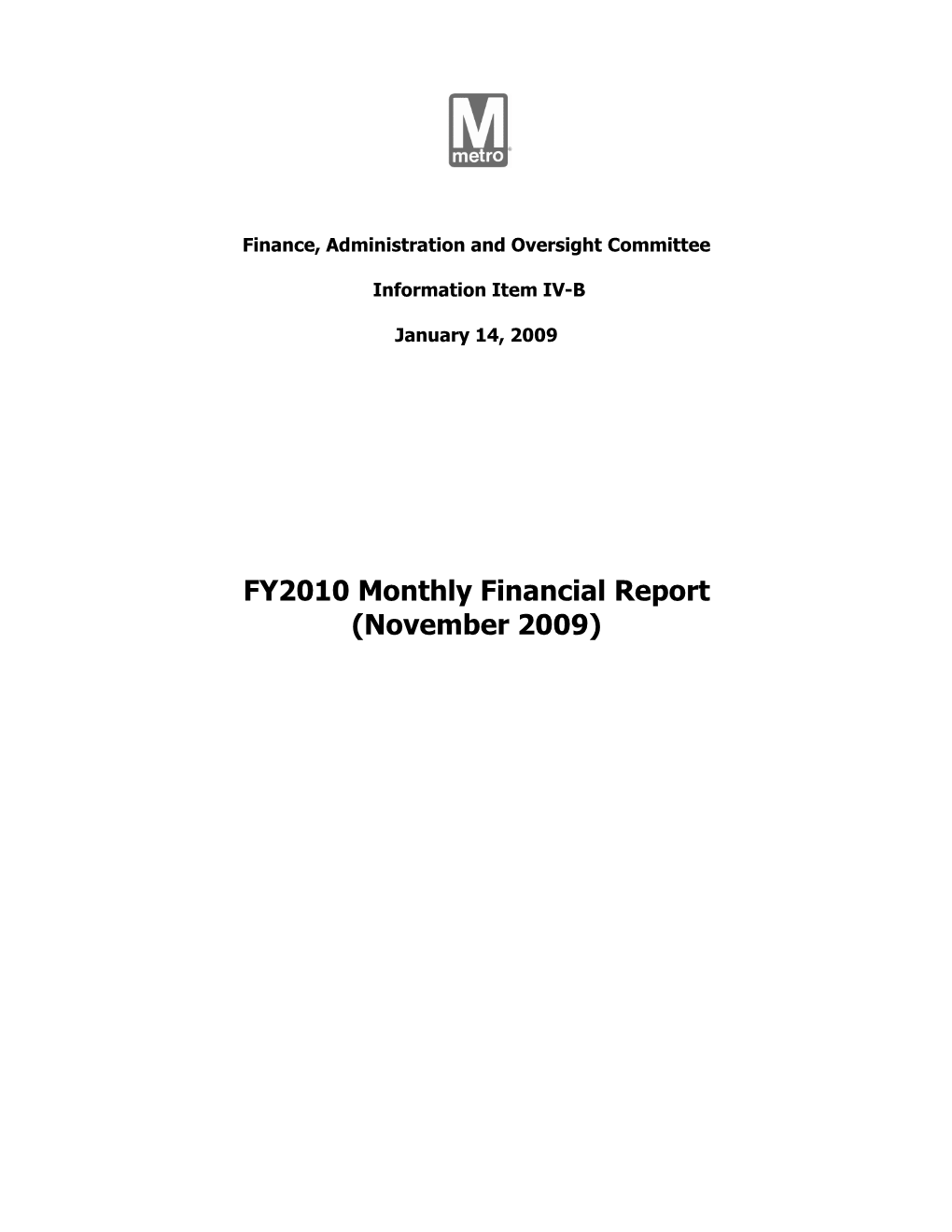 FY2010 Monthly Financial Report (November 2009)