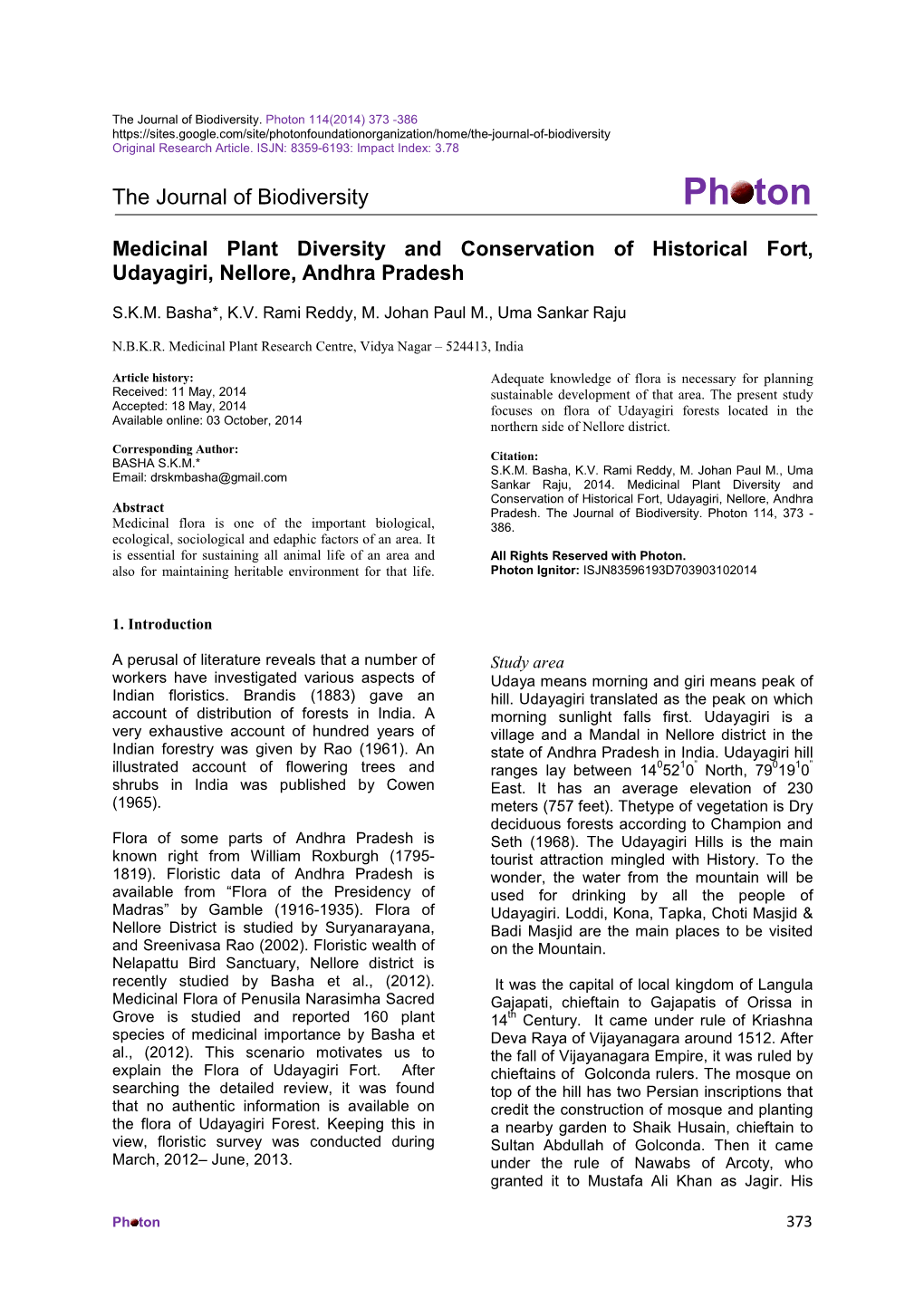 Medicinal Plant Diversity and Conservation of Historical Fort, Udayagiri, Nellore, Andhra Pradesh