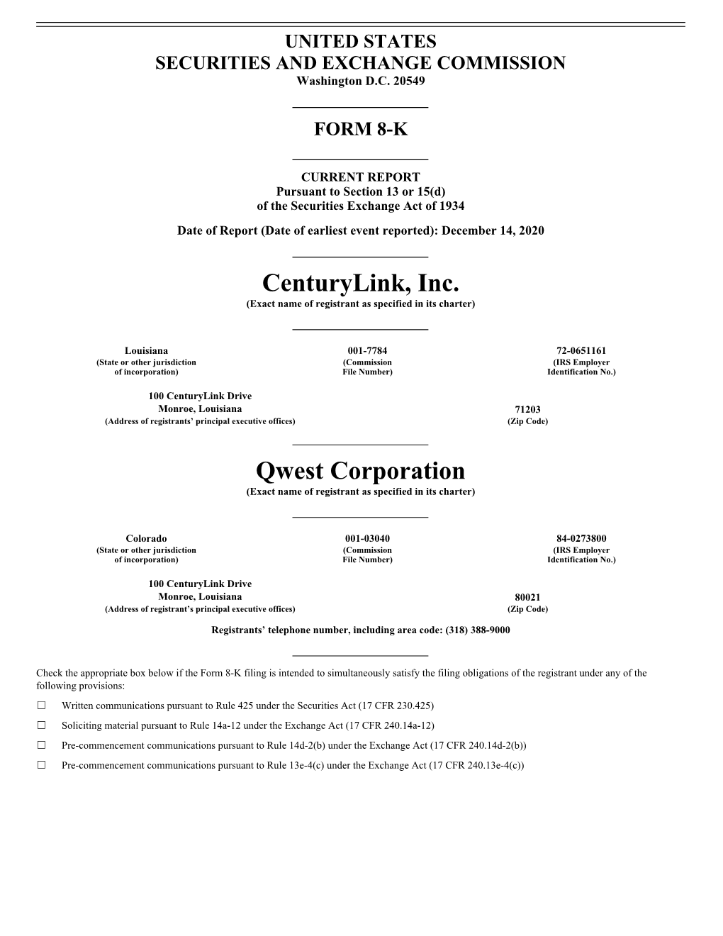 Centurylink, Inc. Qwest Corporation