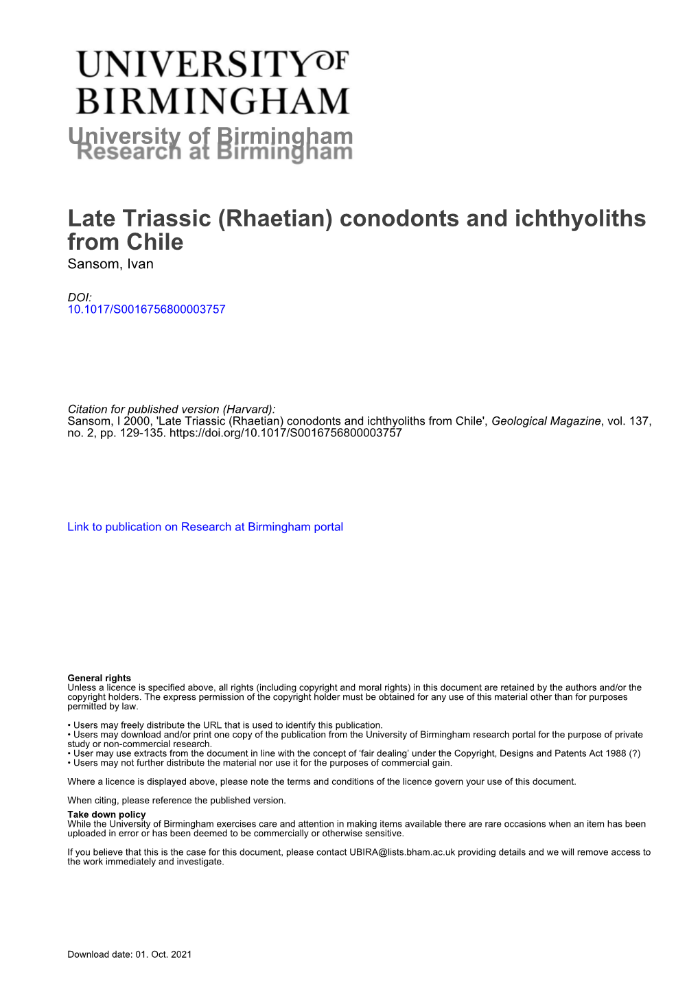 Late Triassic (Rhaetian) Conodonts and Ichthyoliths from Chile Sansom, Ivan