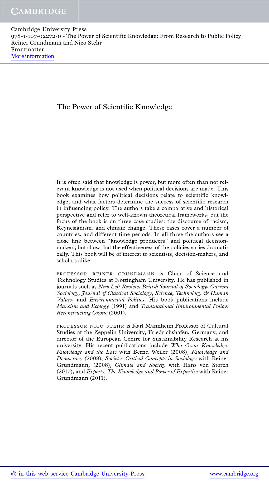 The Power of Scientific Knowledge: from Research to Public Policy Reiner Grundmann and Nico Stehr Frontmatter More Information