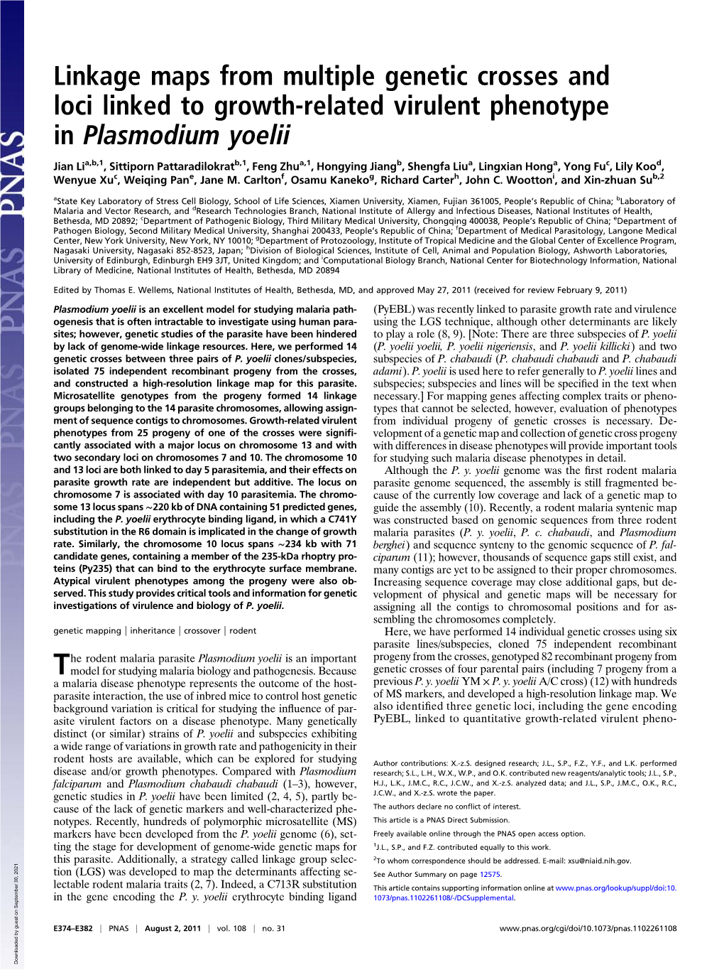 Linkage Maps from Multiple Genetic Crosses and Loci Linked to Growth-Related Virulent Phenotype in Plasmodium Yoelii