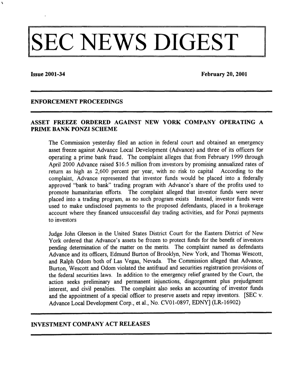 SEC News Digest, 02-20-2001