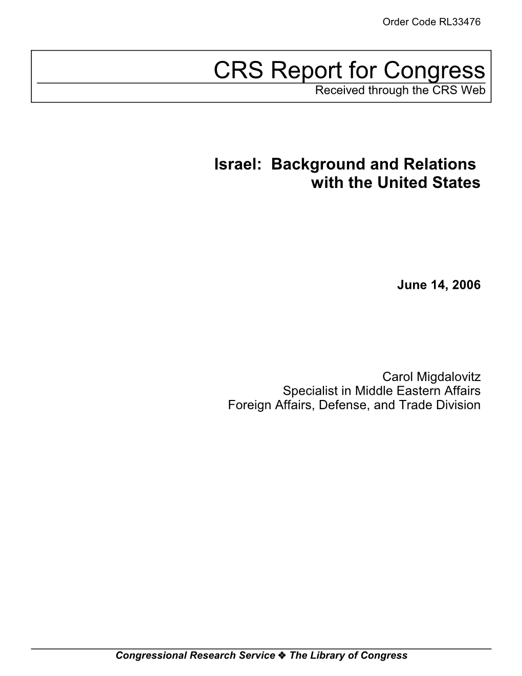 Israel: Background and Relations with the United States