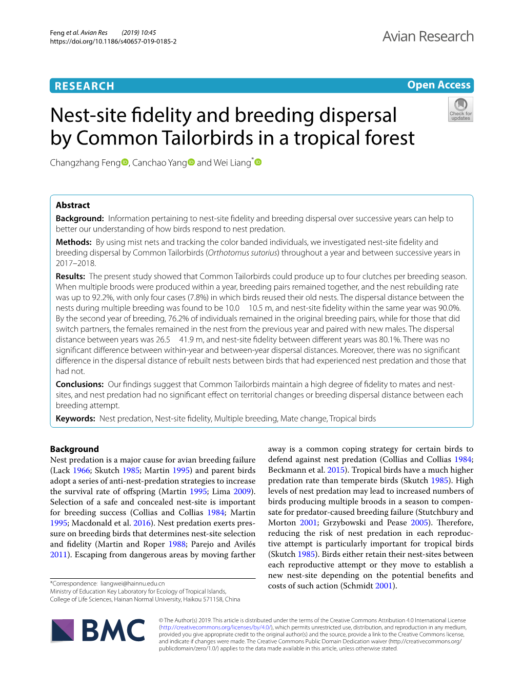 Nest-Site Fidelity and Breeding Dispersal by Common Tailorbirds In
