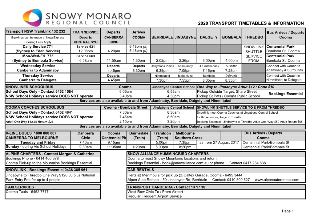 2020 Transport Timetables & Information