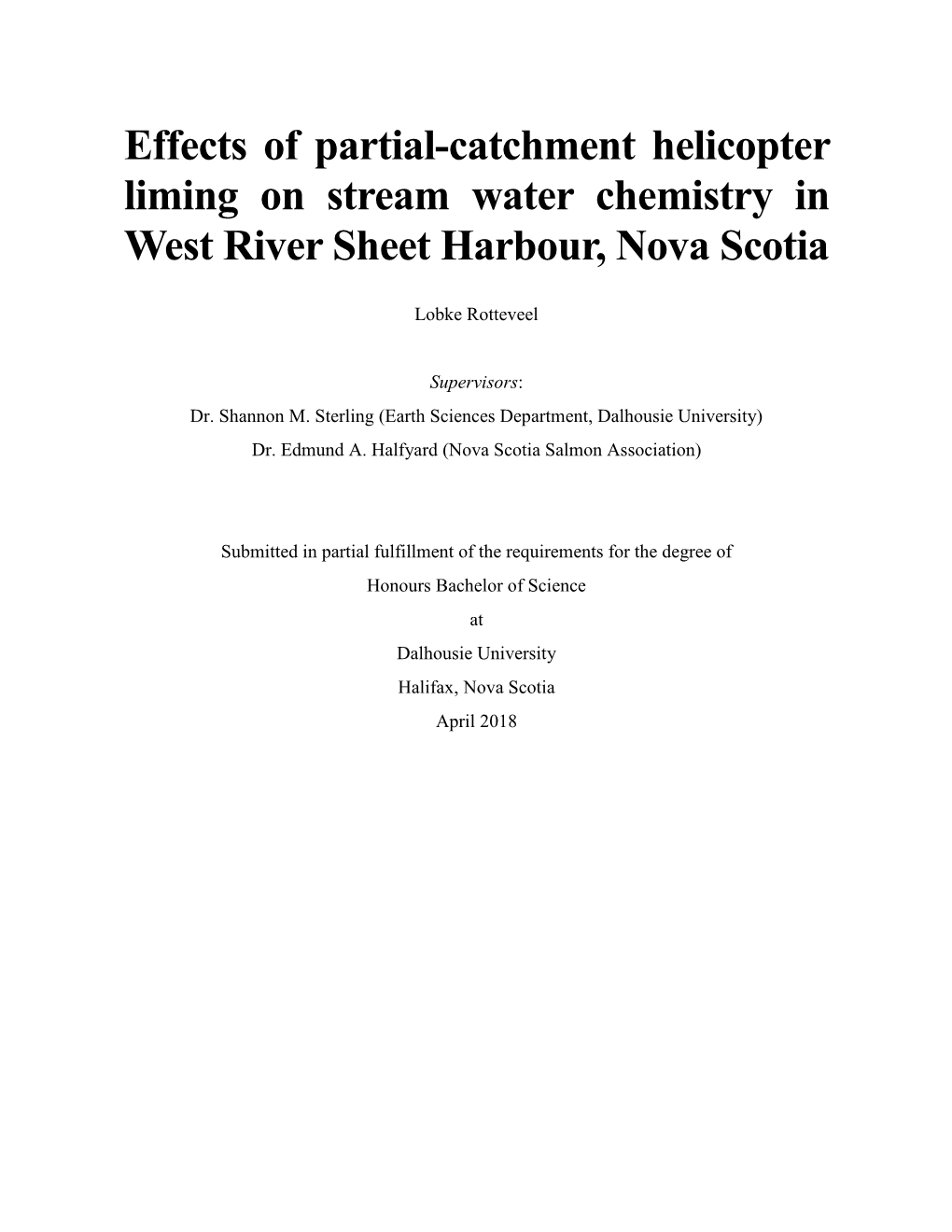 Effects of Partial-Catchment Helicopter Liming on Stream Water Chemistry in West River Sheet Harbour, Nova Scotia