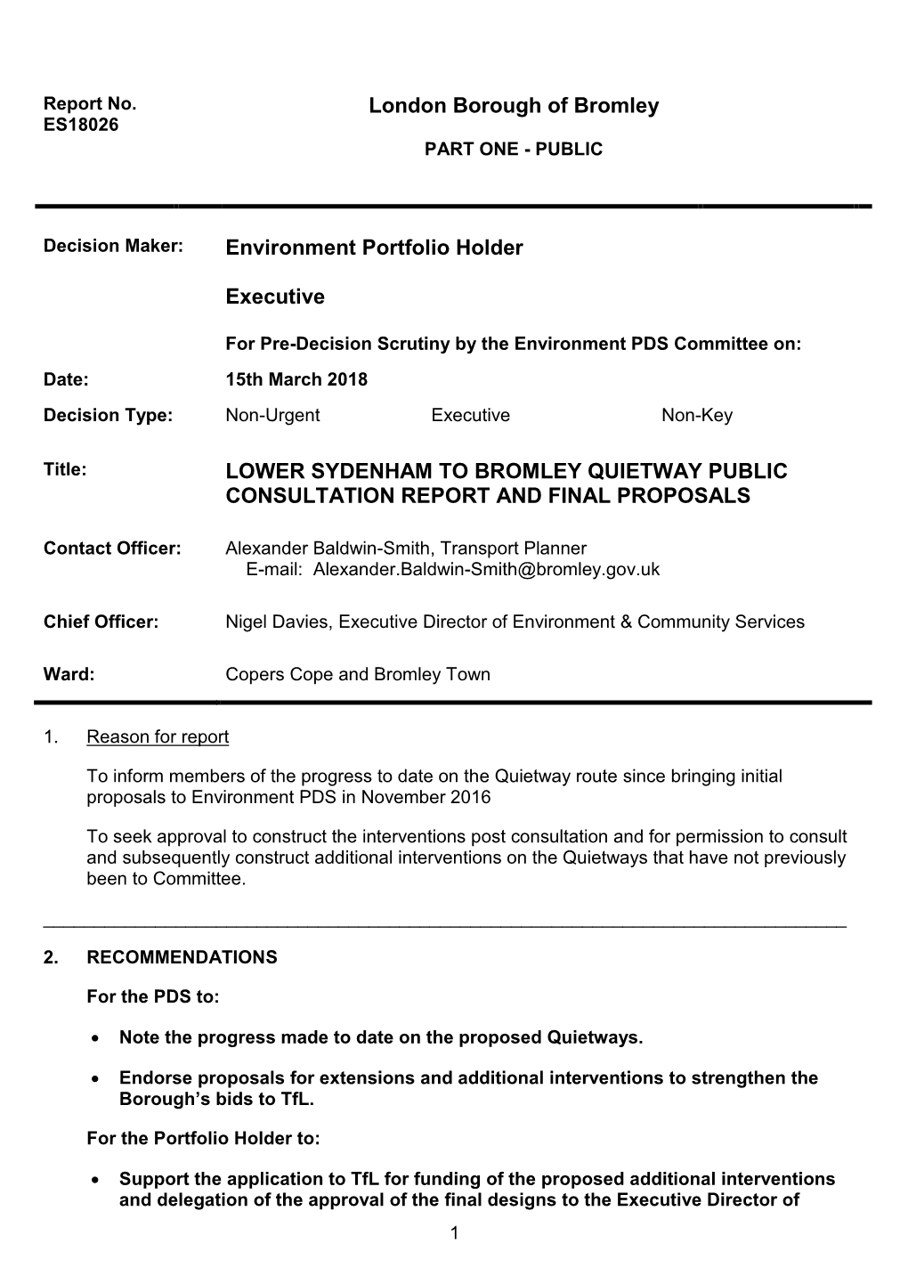 Lower Sydenham to Bromley Quietway Public Consultation Report and Final Proposals