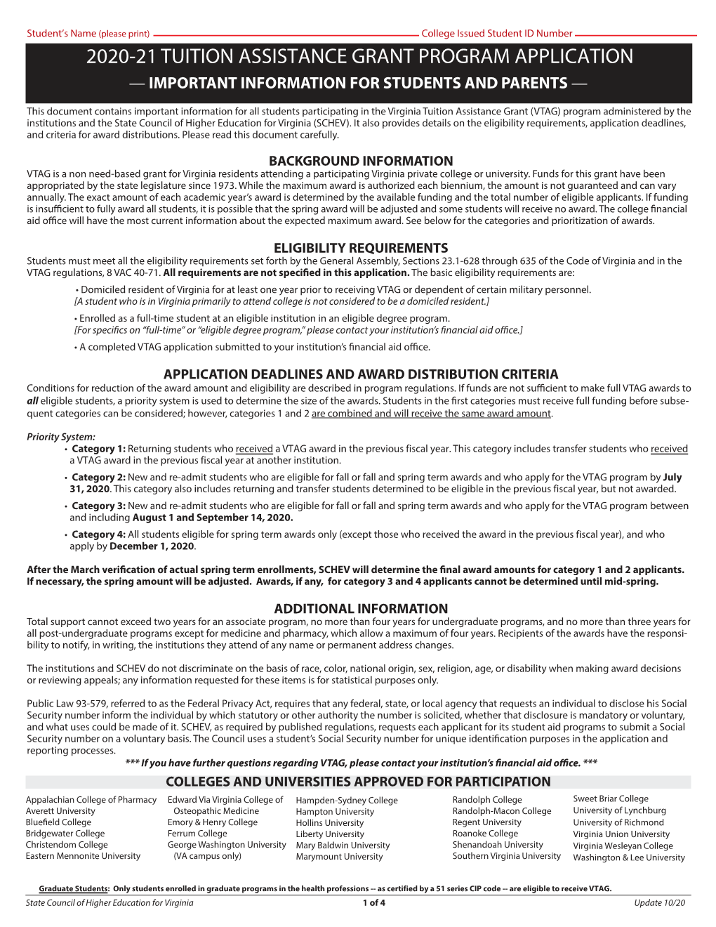 2020-21 Tuition Assistance Grant Program Application — Important Information for Students and Parents —