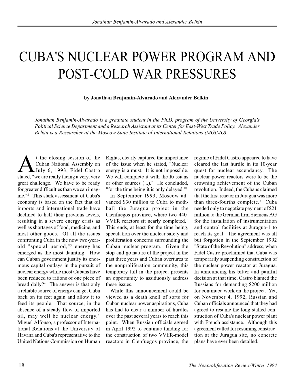 Cuba's Nuclear Power Program and Post-Cold War Pressures