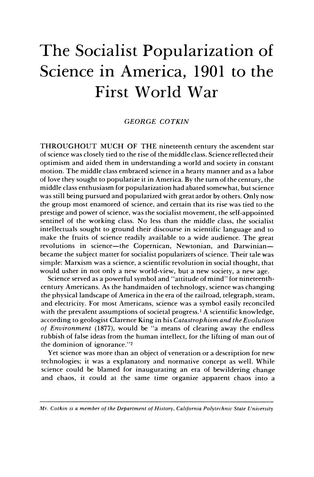 The Socialist Popularization of Science in America, 1901 to The