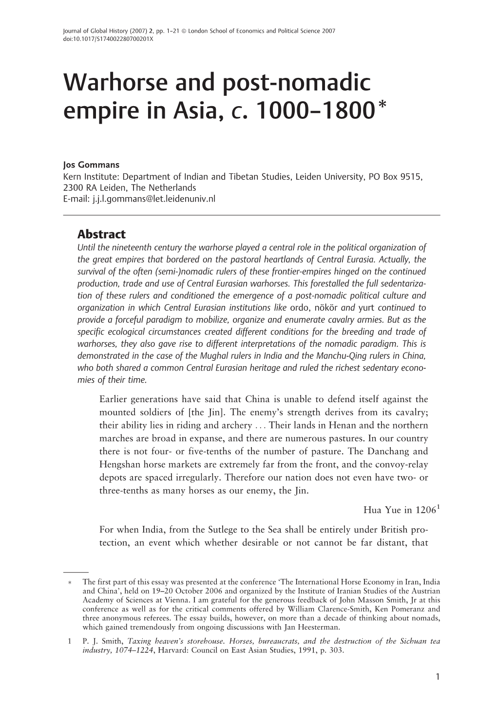 Warhorse and Post-Nomadic Empire in Asia, C. 1000–