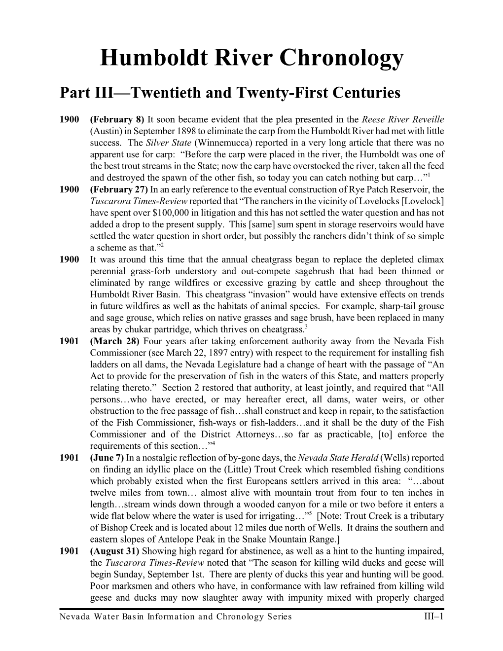 Humboldt River Chronology Part III—Twentieth and Twenty-First Centuries