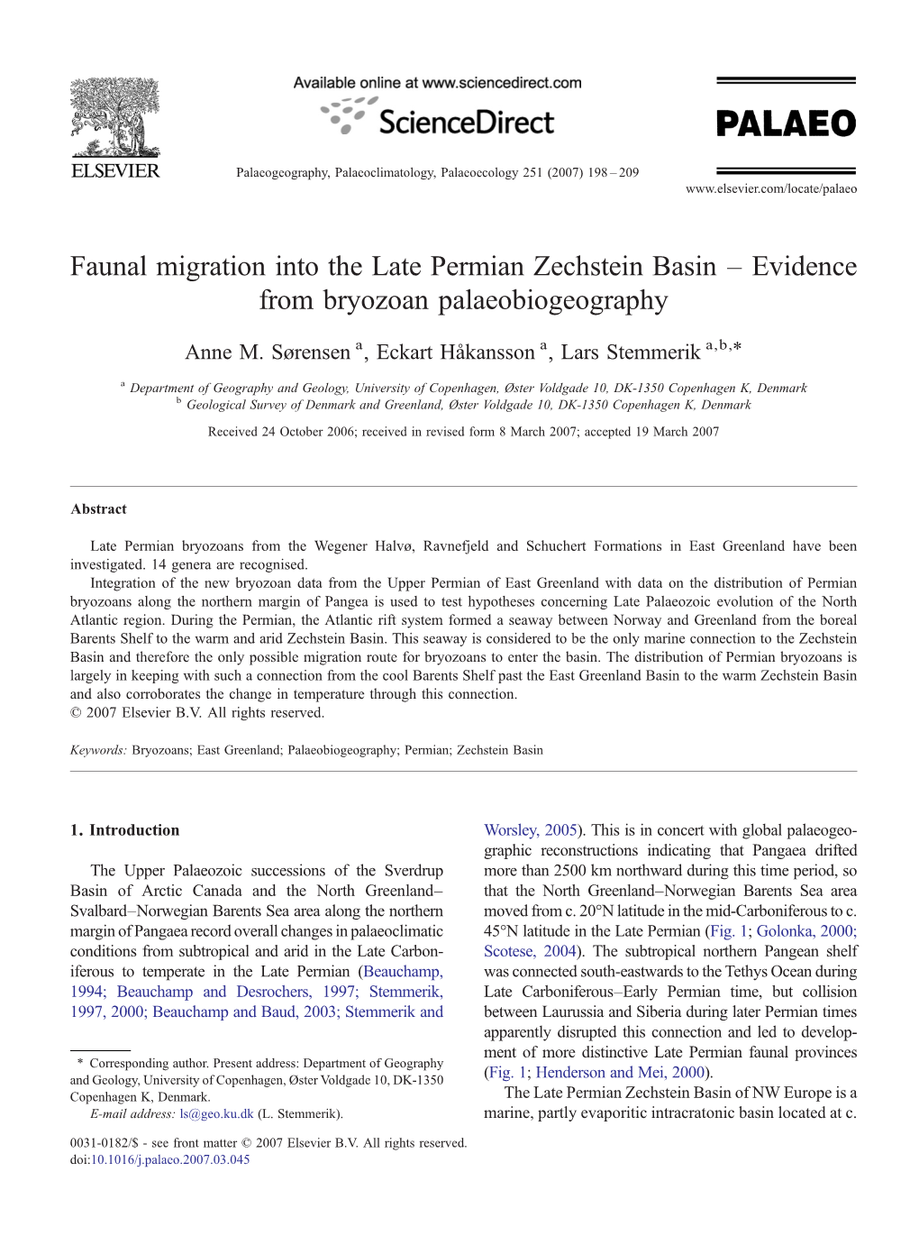 Faunal Migration Into the Late Permian Zechstein Basin – Evidence from Bryozoan Palaeobiogeography ⁎ Anne M