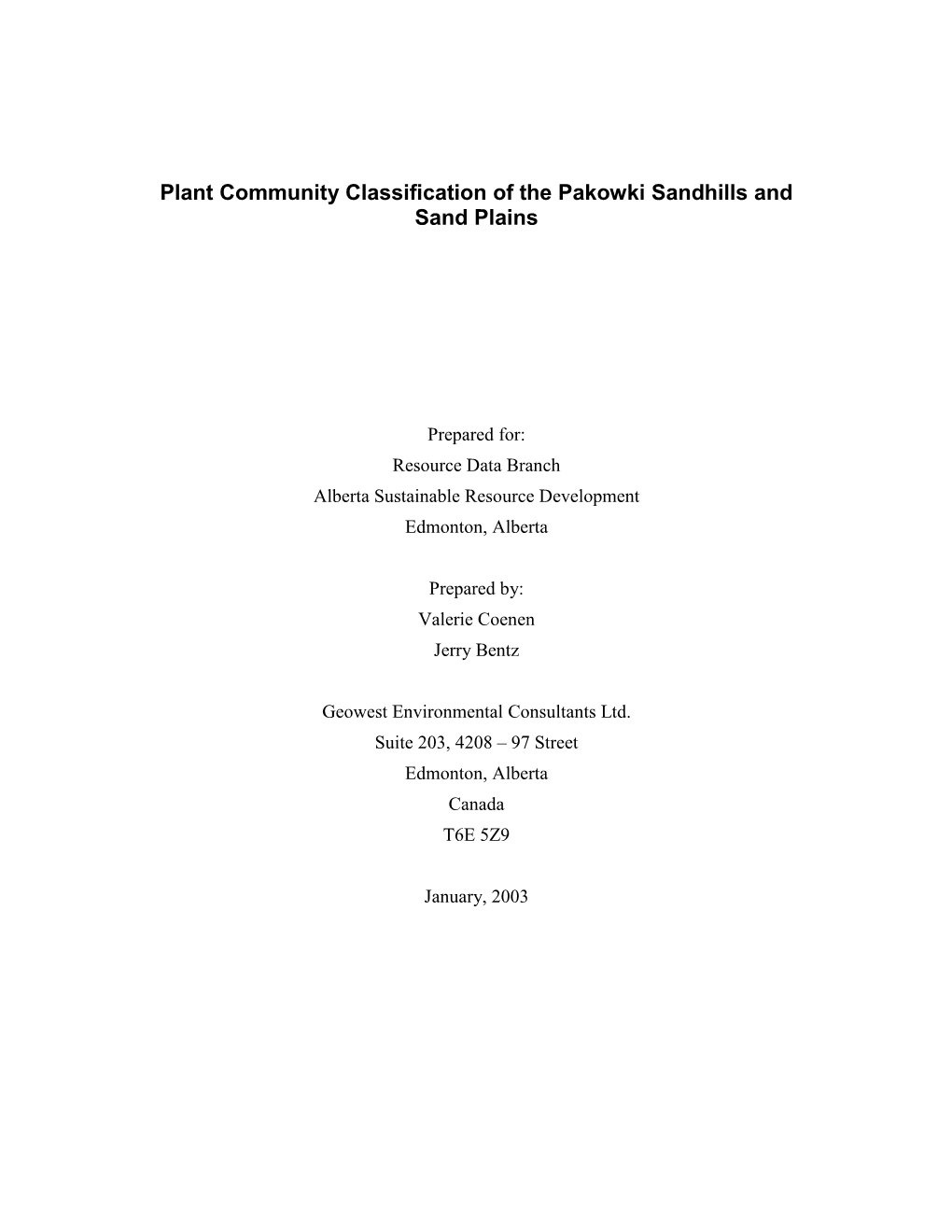Plant Community Classification of the Pakowki Sandhills and Sand Plains