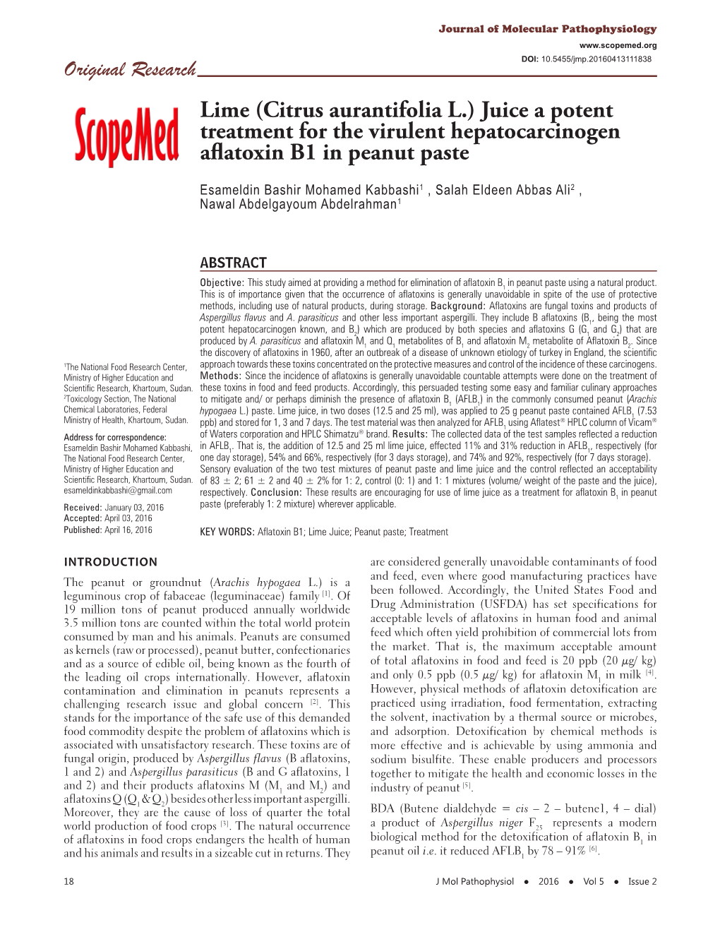 Lime (Citrus Aurantifolia L.) Juice a Potent Treatment for the Virulent Hepatocarcinogen Aflatoxin B1 in Peanut Paste