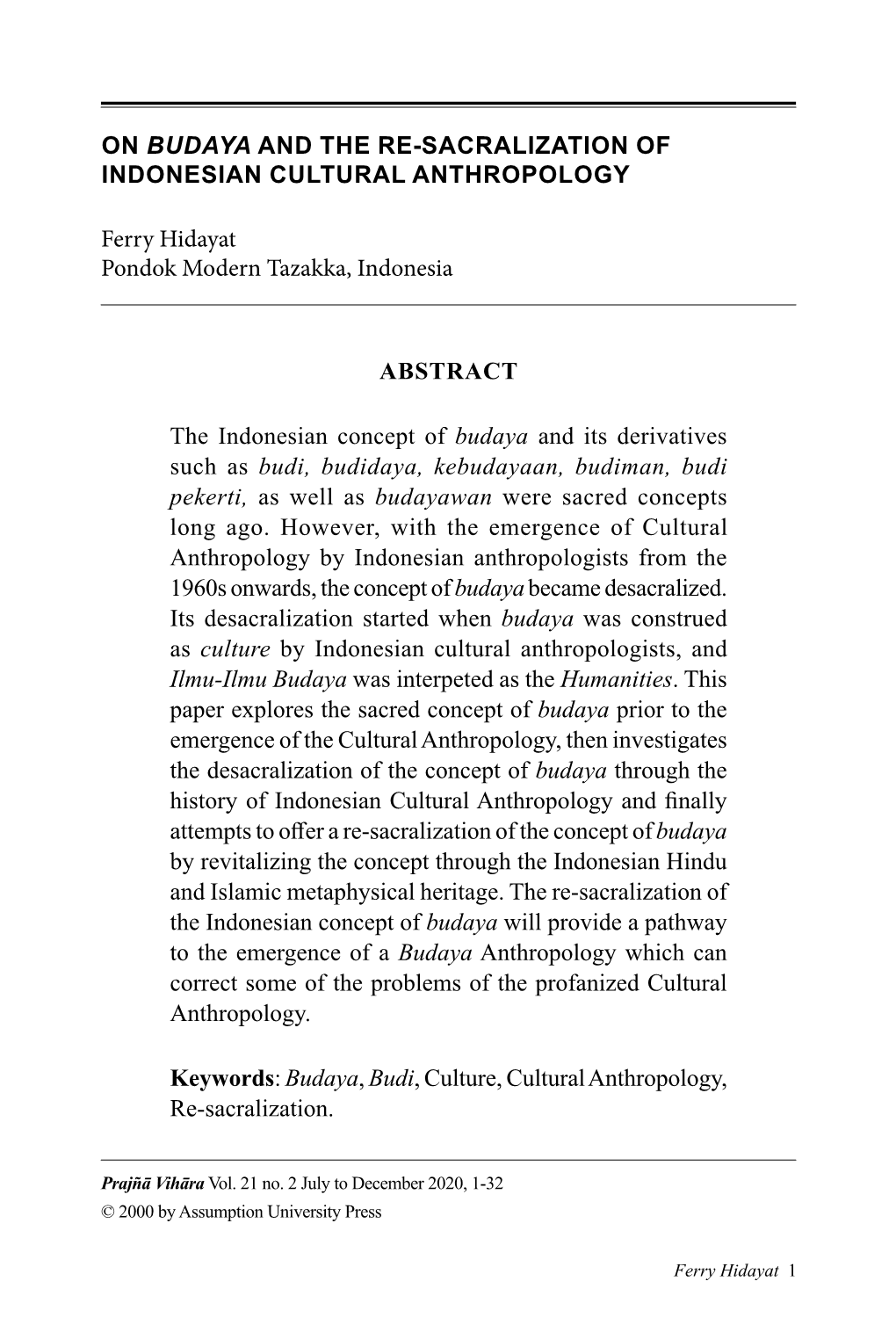On Budaya and the Re-Sacralization of Indonesian Cultural Anthropology