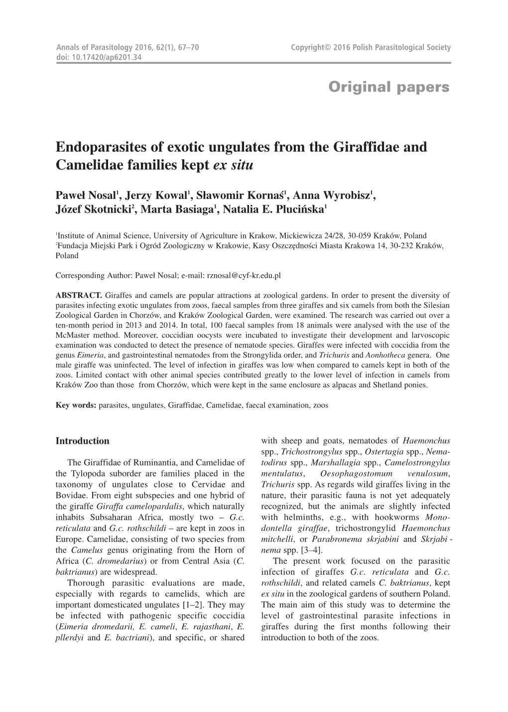 Endoparasites of Exotic Ungulates from the Giraffidae and Camelidae Families Kept Ex Situ