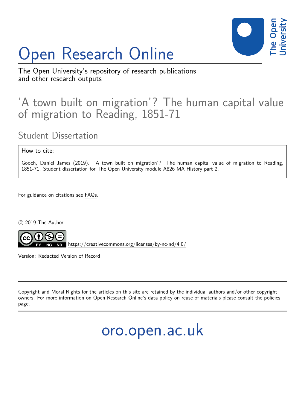 The Human Capital Value of Migration to Reading, 1851-71