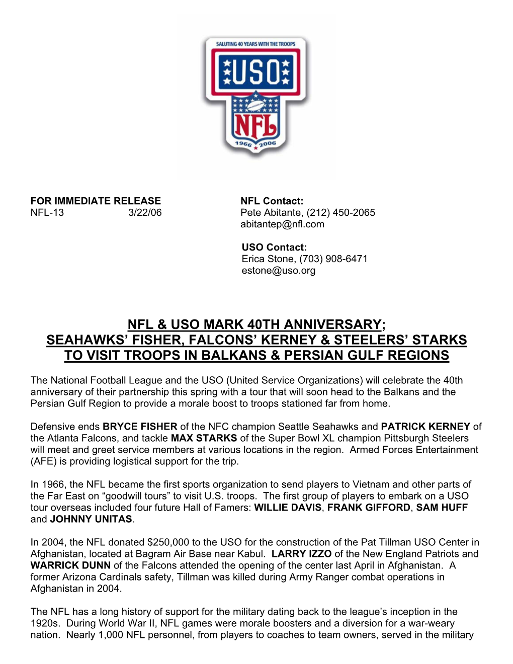 Nfl & Uso Mark 40Th Anniversary; Seahawks