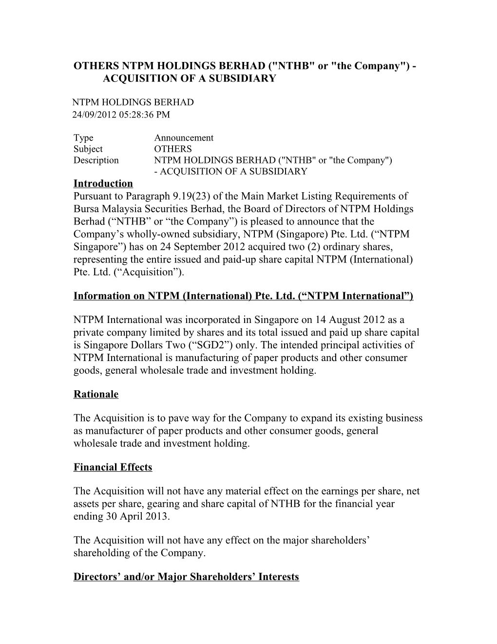 OTHERS NTPM HOLDINGS BERHAD ( NTHB Or the Company ) - ACQUISITION of a SUBSIDIARY