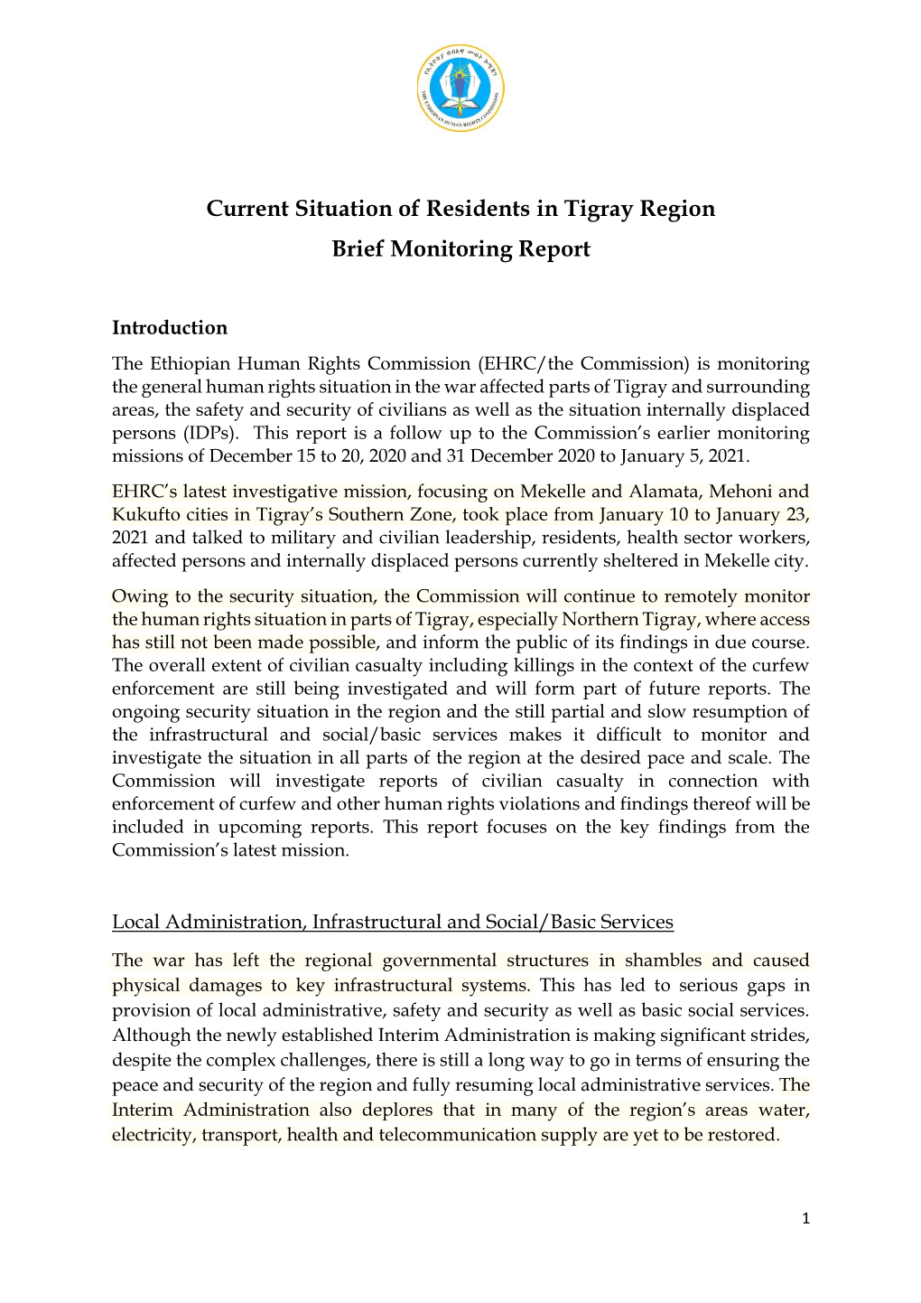 Current Situation of Residents in Tigray Region Brief Monitoring Report