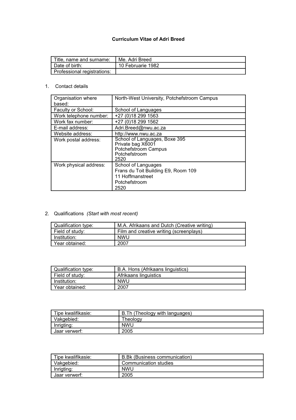 Cv Template/Templaat