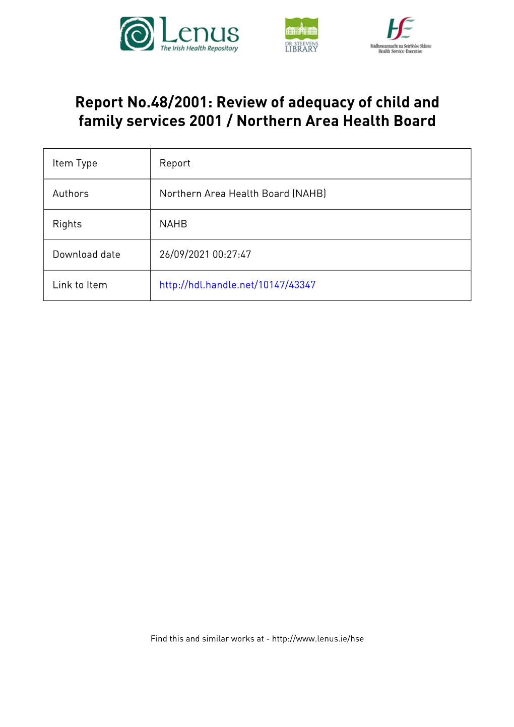Review of Adequacy of Child and Family Services 2001 / Northern Area Health Board