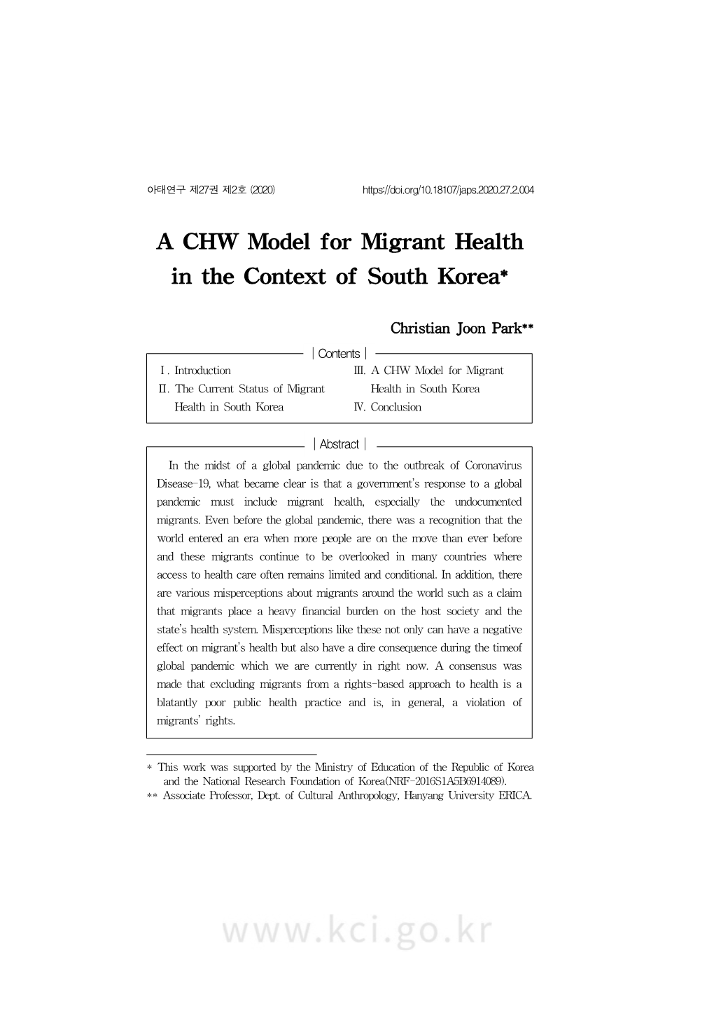 A CHW Model for Migrant Health in the Context of South Korea*