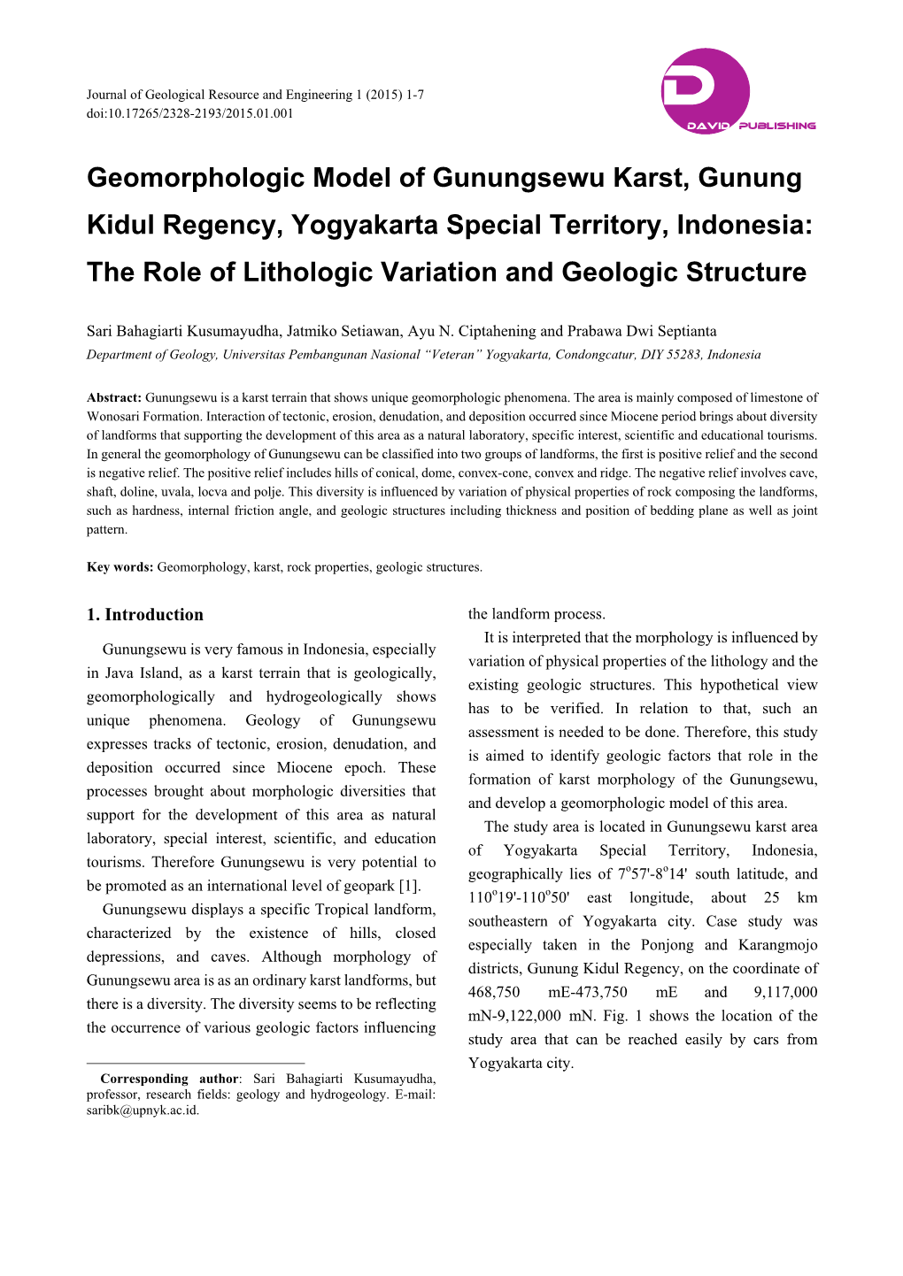 Geomorphologic Model of Gunungsewu Karst, Gunung Kidul Regency, Yogyakarta Special Territory, Indonesia: the Role of Lithologic Variation and Geologic Structure