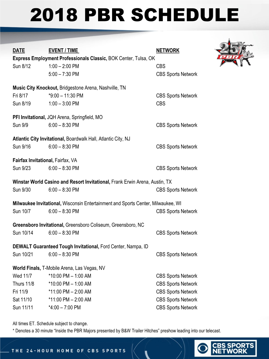 2018 Pbr Schedule