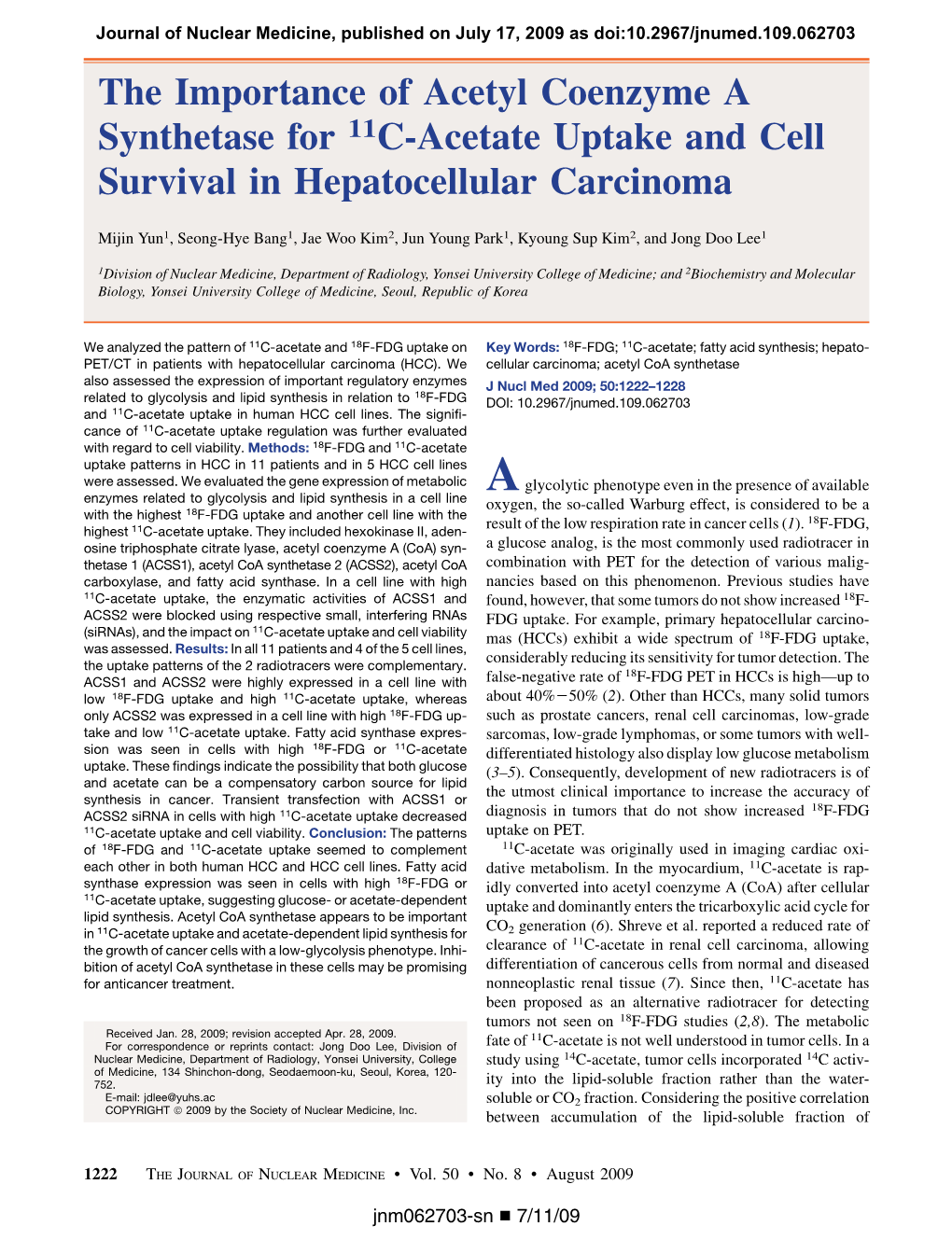 The Importance of Acetyl Coenzyme a Synthetase for 11C-Acetate Uptake and Cell Survival in Hepatocellular Carcinoma