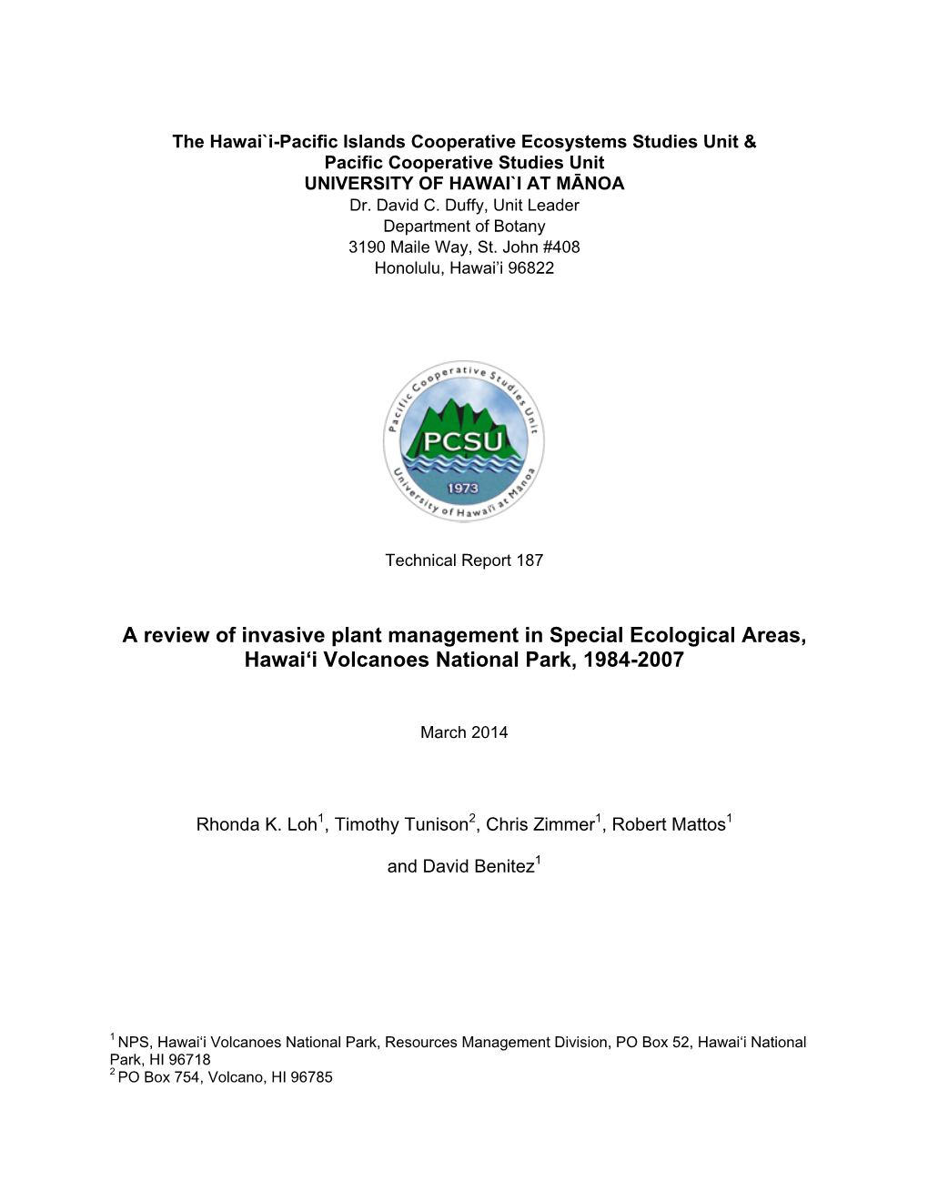 A Review of Invasive Plant Management in Special Ecological Areas, Hawai‘I Volcanoes National Park, 1984-2007