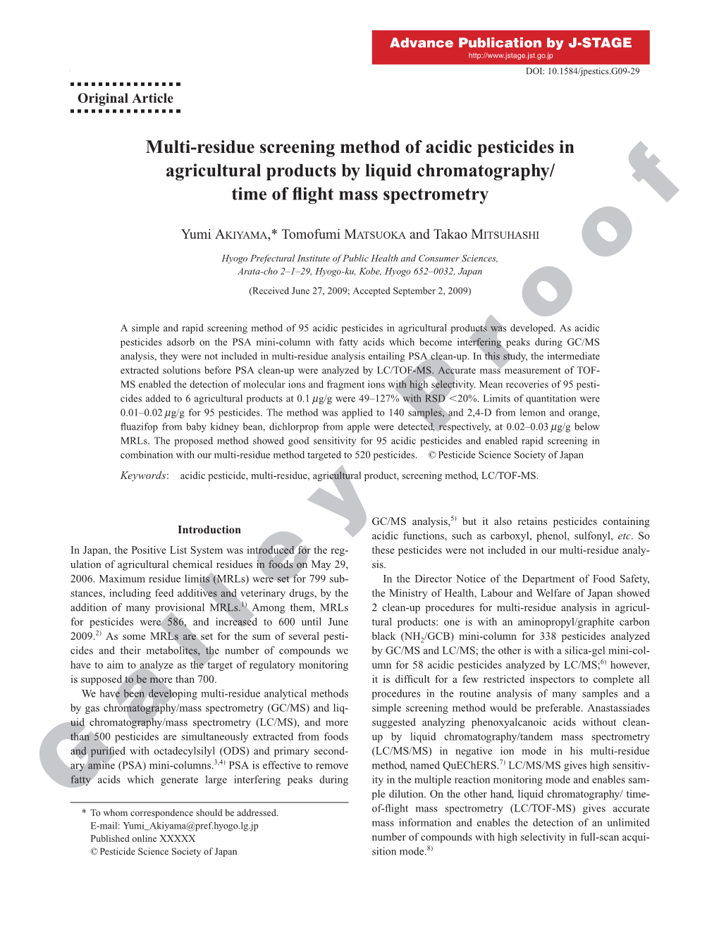 Multi-Residue Screening Method of Acidic Pesticides in Agricultural Products by Liquid Chromatography/ Time of ﬂight Mass Spectrometry