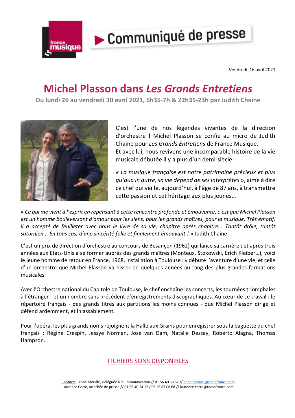 Michel Plasson Dans Les Grands Entretiens Du Lundi 26 Au Vendredi 30 Avril 2021, 6H35-7H & 22H35-23H Par Judith Chaine