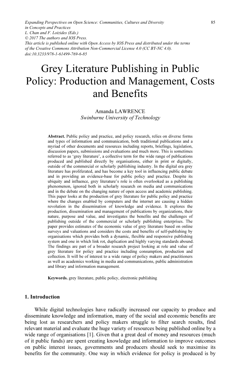 Grey Literature Publishing in Public Policy: Production and Management, Costs and Benefits