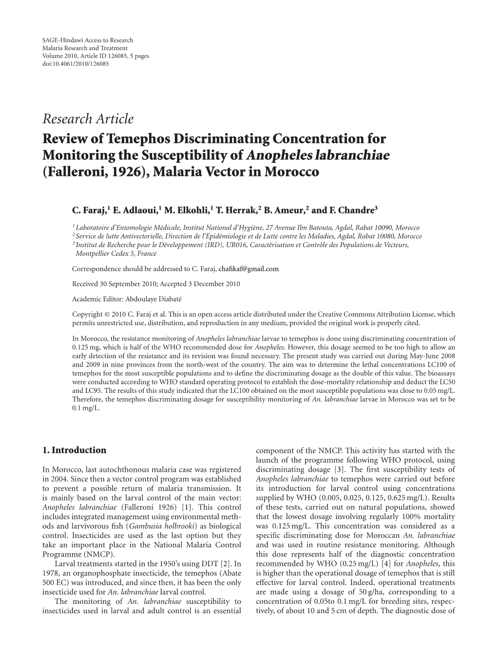 Review of Temephos Discriminating Concentration for Monitoring the Susceptibility of Anopheles Labranchiae (Falleroni, 1926), Malaria Vector in Morocco