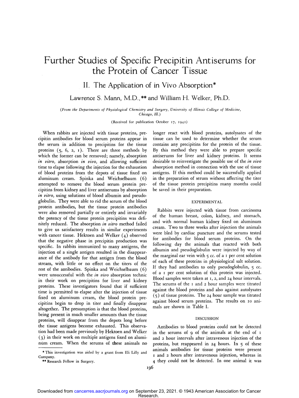 Further Studies of Specific Precipitin Antiserums for the Protein of Cancer Tissue II