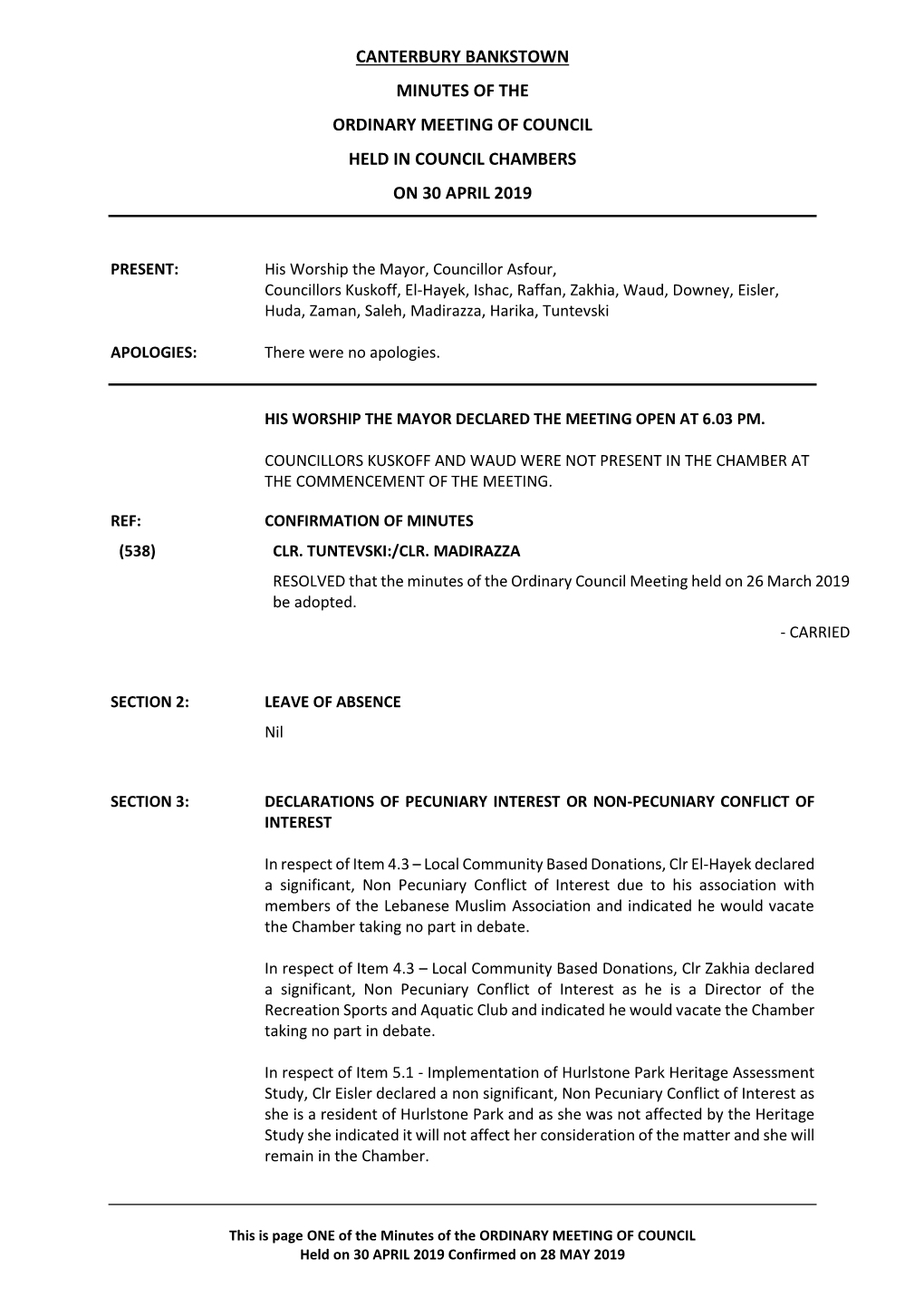 Minutes of Ordinary Meeting of Council