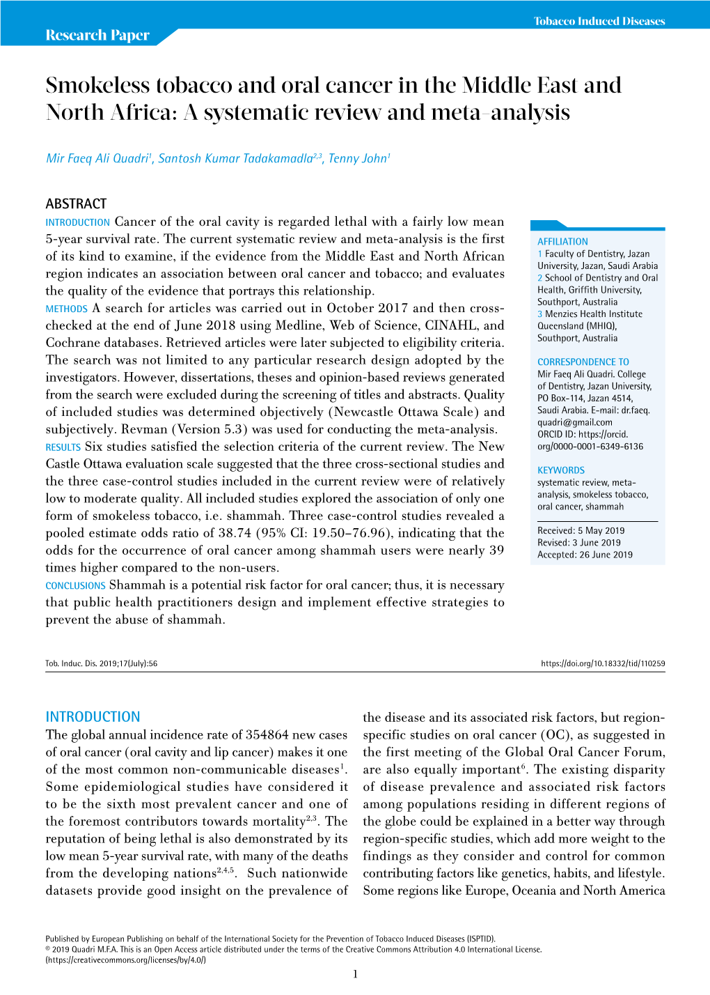 Smokeless Tobacco and Oral Cancer in the Middle East and North Africa: a Systematic Review and Meta-Analysis