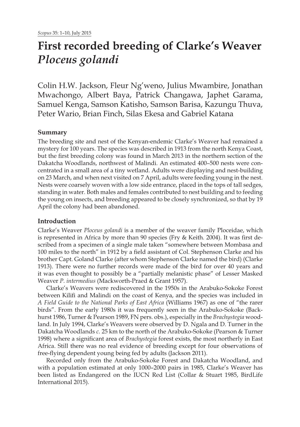 First Recorded Breeding of Clarke's Weaver Ploceus Golandi