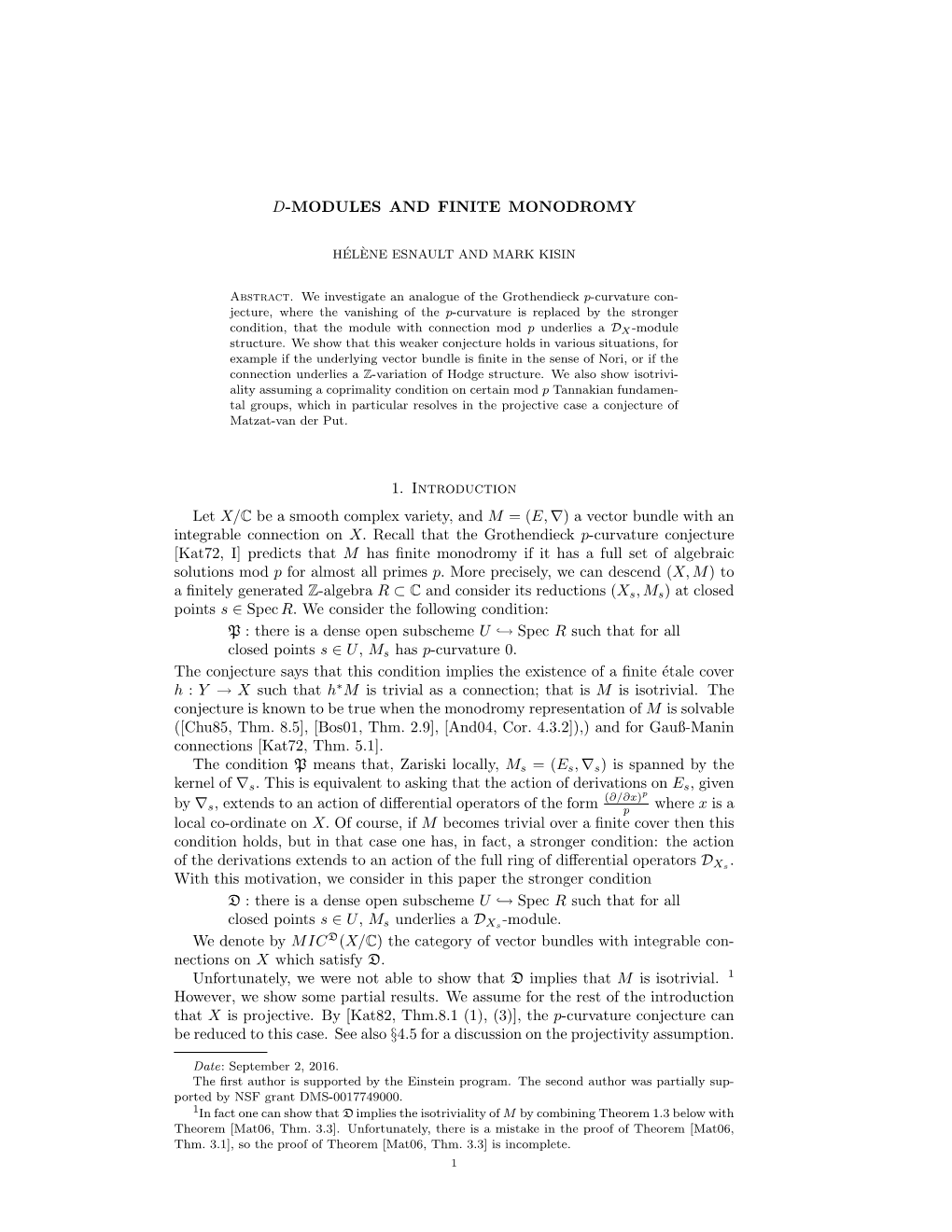 D-Modules and Finite Monodromy 1