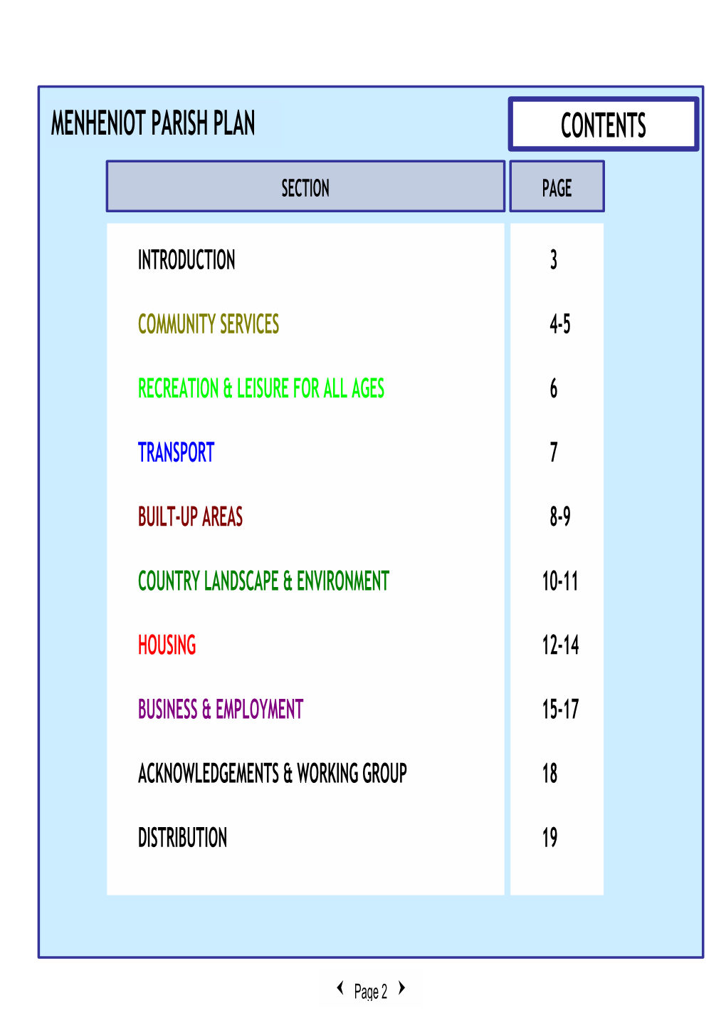 Menheniot Parish Plan Contents