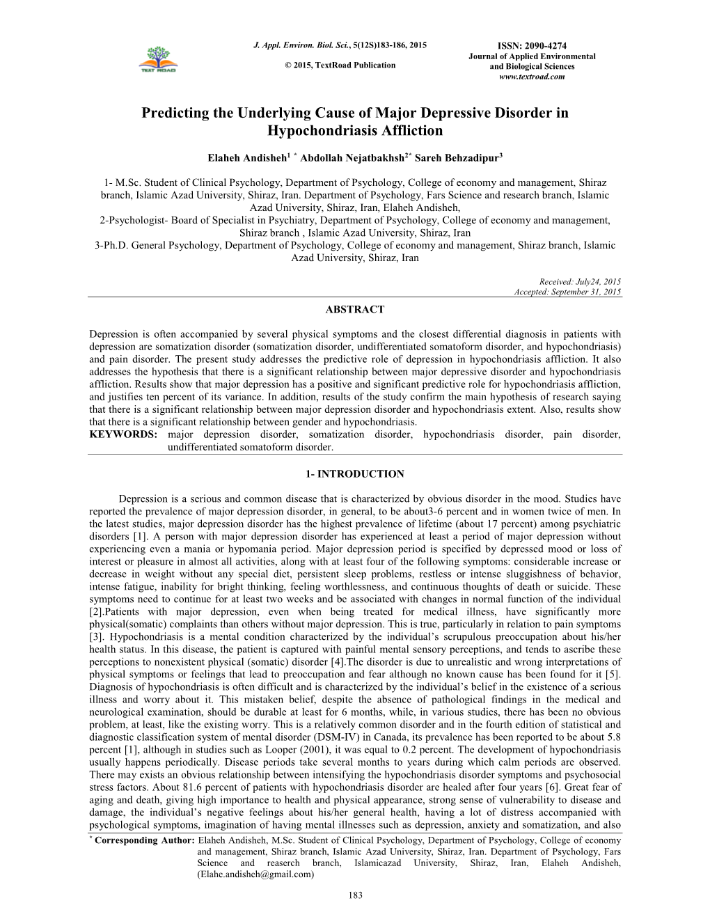 Predicting the Underlying Cause of Major Depressive Disorder in Hypochondriasis Affliction