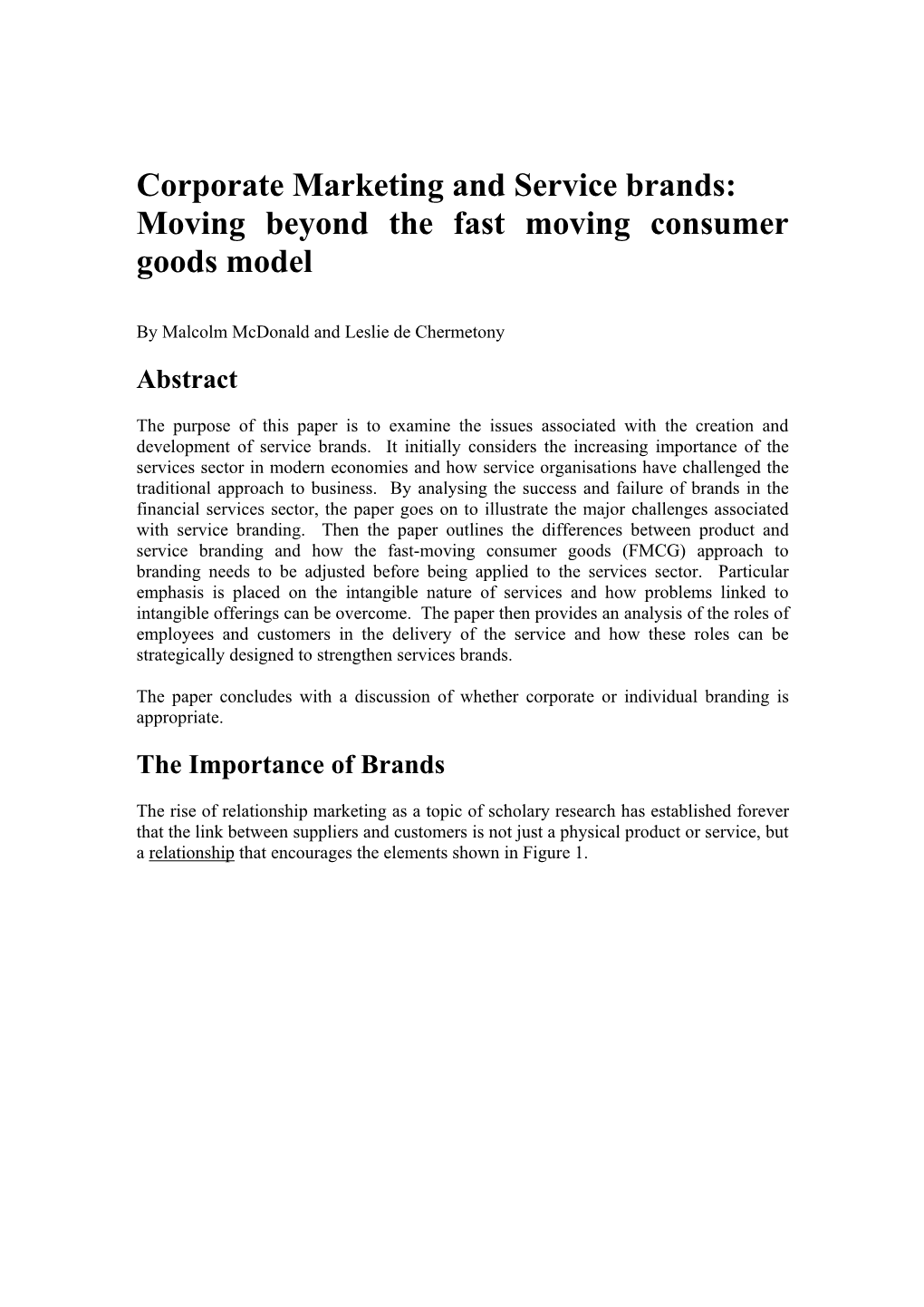 Corporate Marketing and Service Brands: Moving Beyond the Fast Moving Consumer Goods Model