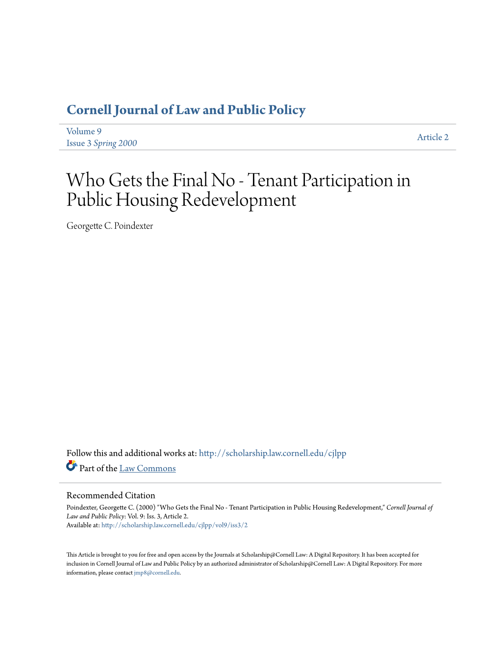 Who Gets the Final No - Tenant Participation in Public Housing Redevelopment Georgette C