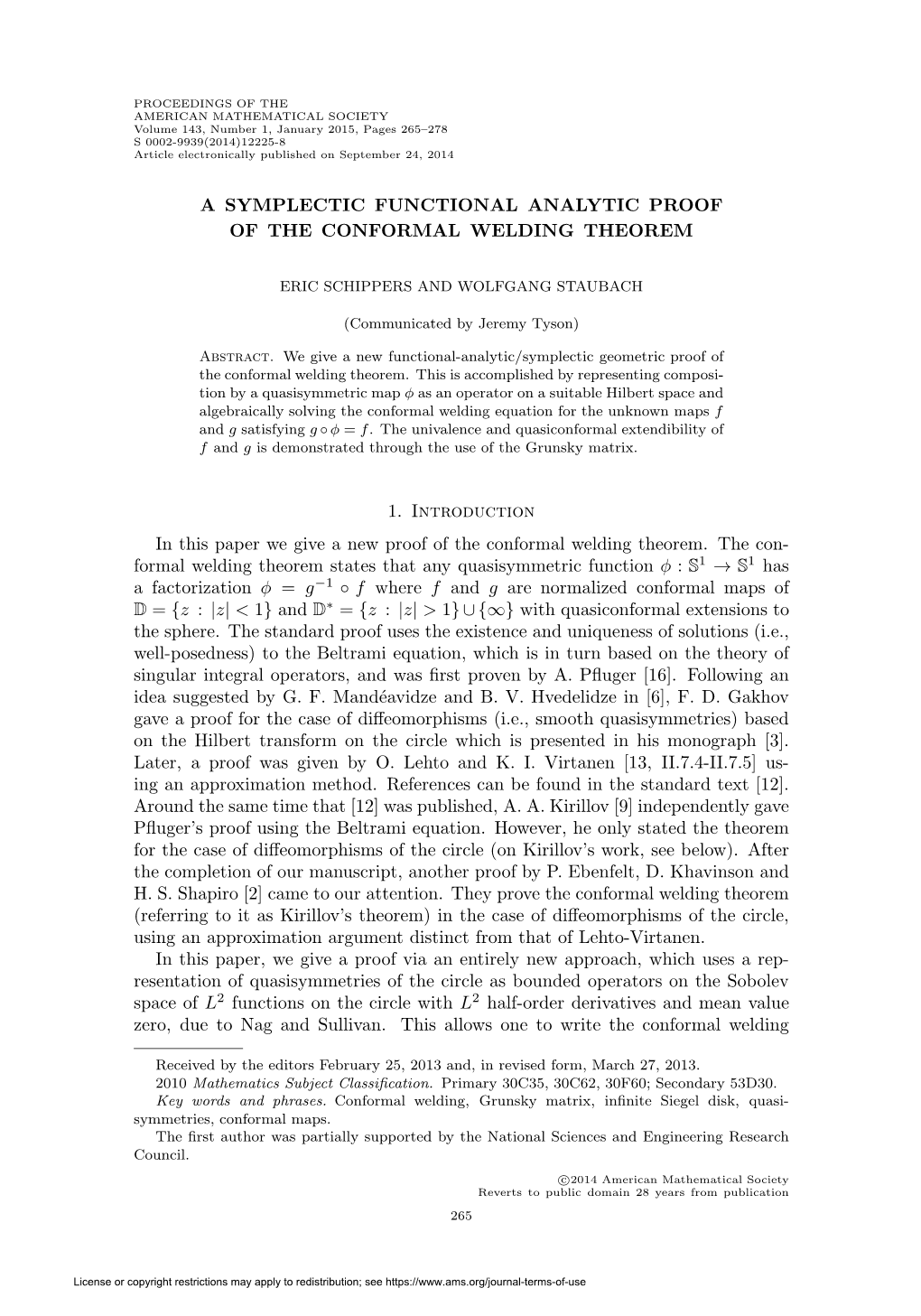 A Symplectic Functional Analytic Proof of the Conformal Welding Theorem