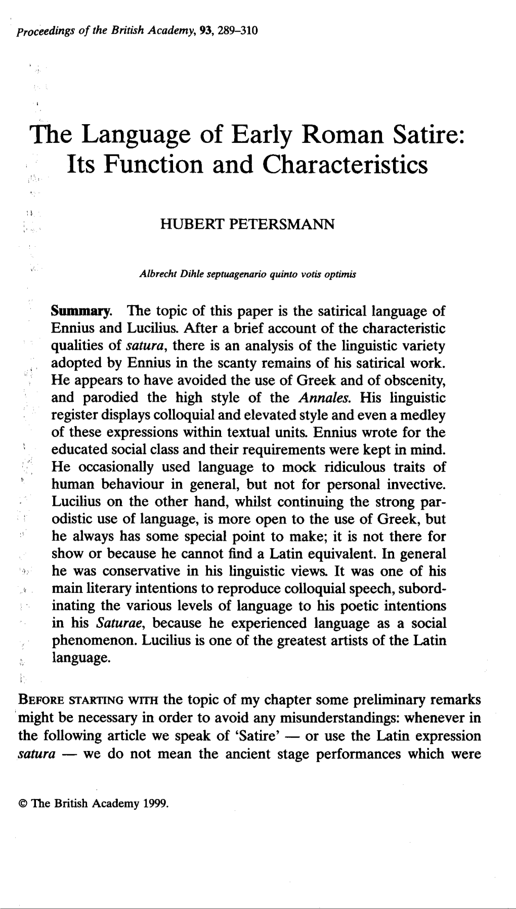 The Language of Early Roman Satire: Its Function and Characteristics